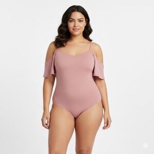 NEW Boutique One Piece Bodysuit‎ Women Plus 3X Pink Cold Shoulder Sleeve Stretch